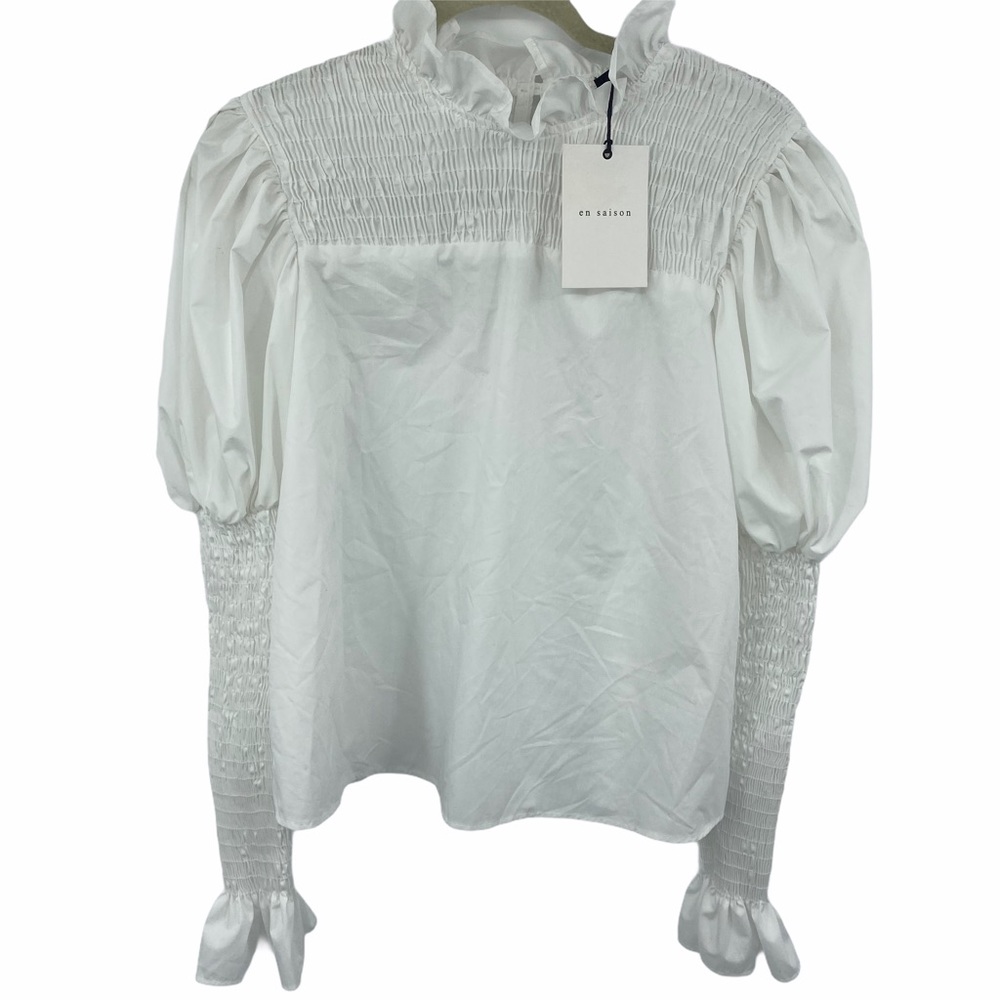 En Saison | White Smocked Ruffle Blouse NWT Sample